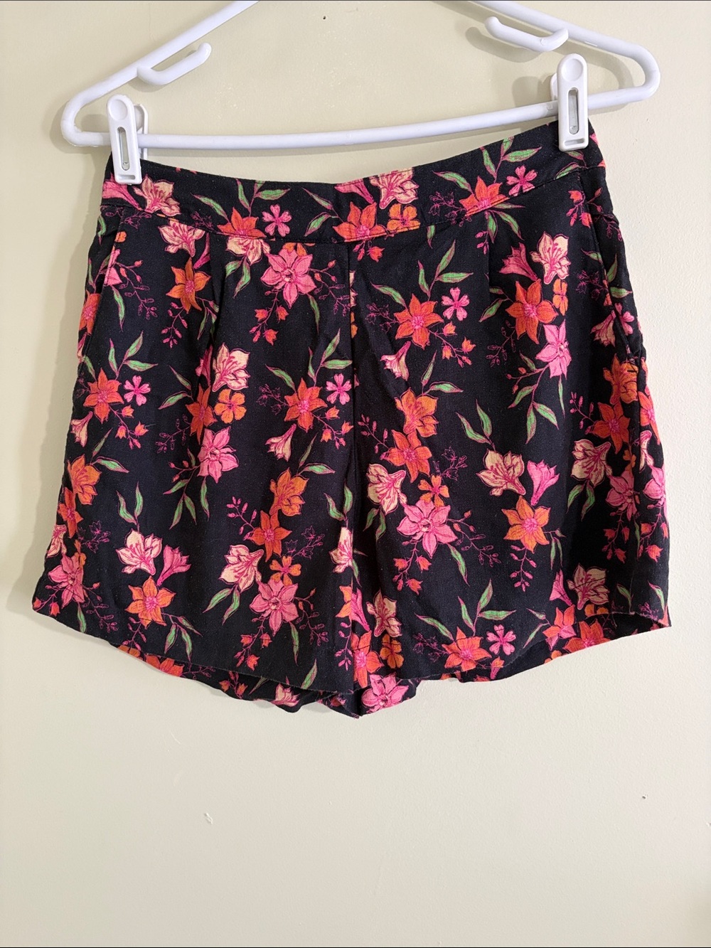 Women’s Black Floral Shorts with Pink & Orange Blooms